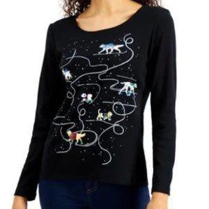 Karen Scott Black Long Sleeve Top with Colorful Animal Print